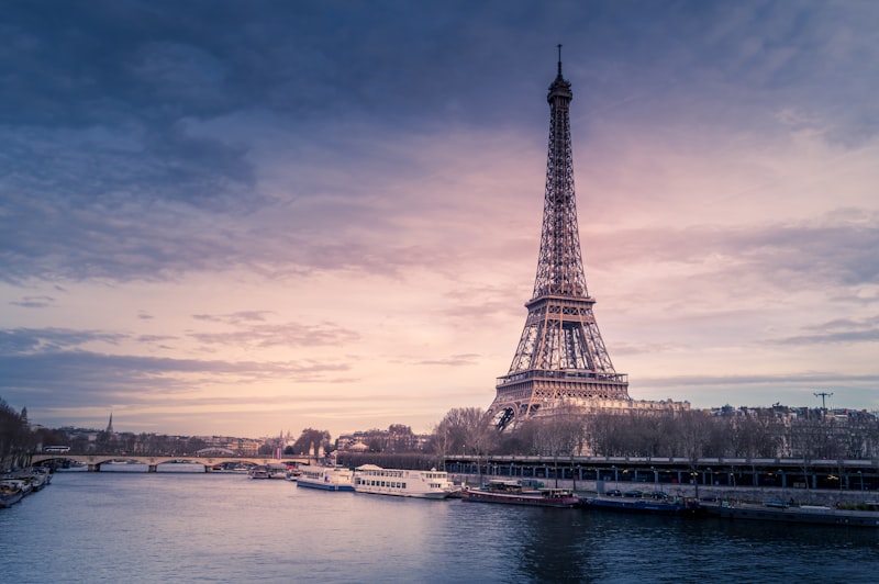 Eiffel Tower view from across the Seine River on a clear day in Paris, France